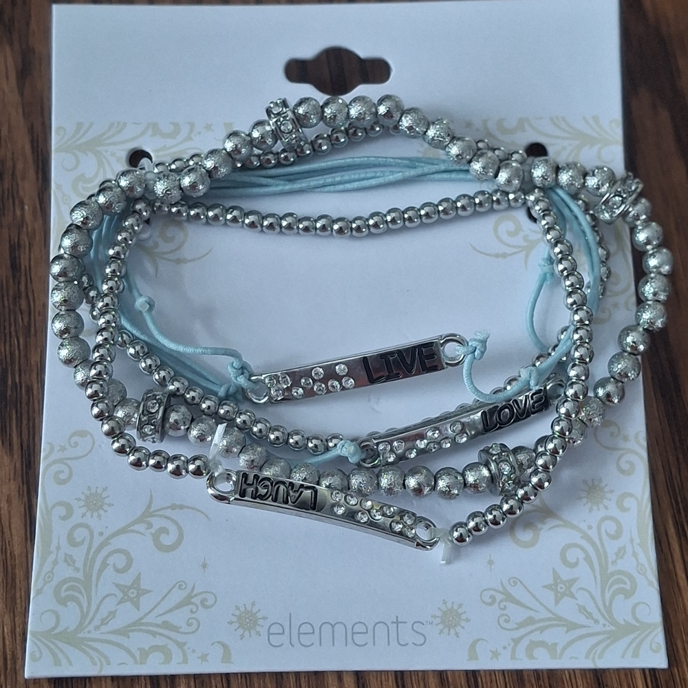 NEW / NWT ElementS Silver-tone and Light Blue Beaded Bracelet Set